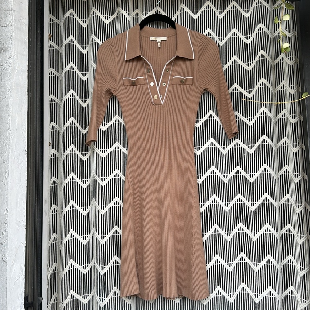 Maje Relly rib-knit short dress Camel